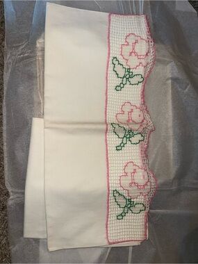 Vintage Handmade White Pillowcases with Pink & Green Crocheted Floral Edge